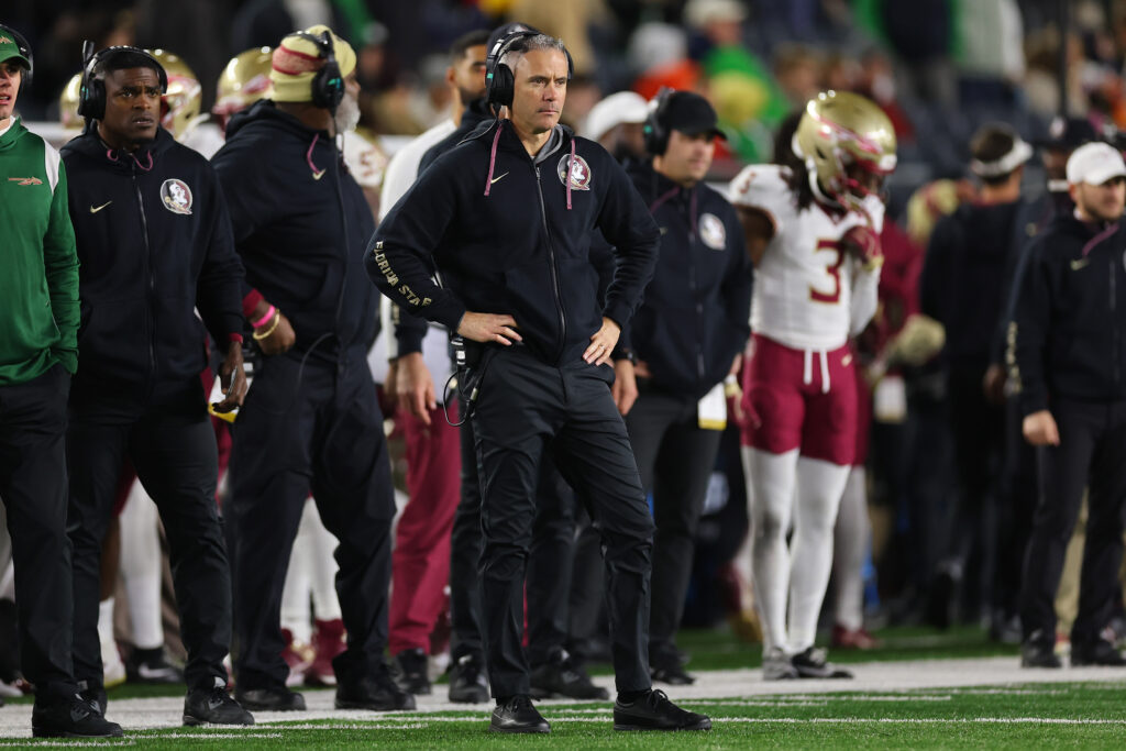  Head coach Mike Norvell of the Florida State Seminoles reacts against the Notre Dame Fighting Irish during the second half at Notre Dame Stadium on November 09, 2024 in South Bend, Indiana.