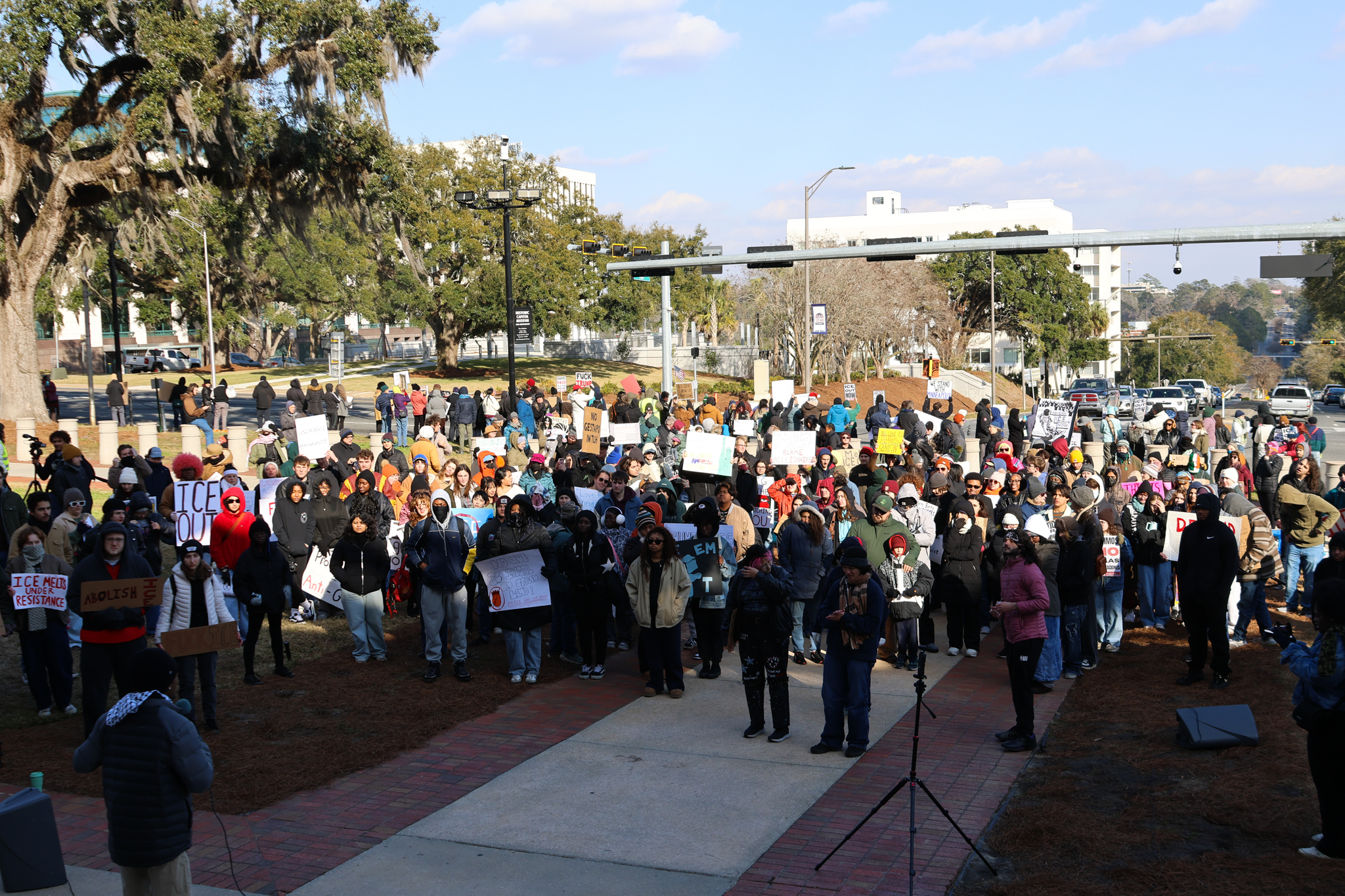Protestors gathered at the Florida Capitol on Jan. 31 bundled up to protest ICE. (Jonathan R. M. Charles/WANM)